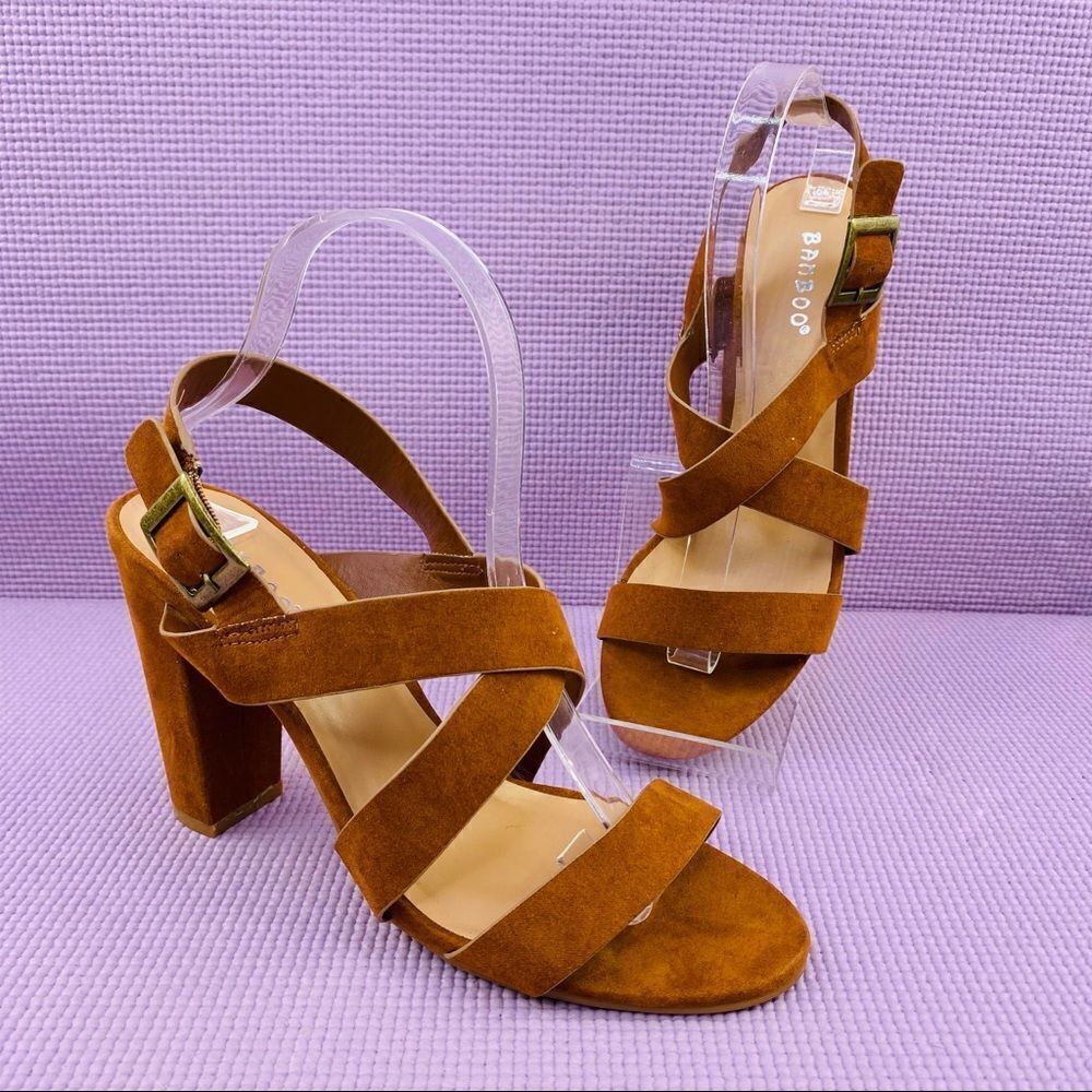 Bamboo Microfiber Strappy Block Heel Sandals Cognac Brown‎ 8.5